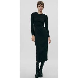 Zara Black Side Ruched Long Sleeve Midi Sheath Dress Women's XL NWT Whimsygoth